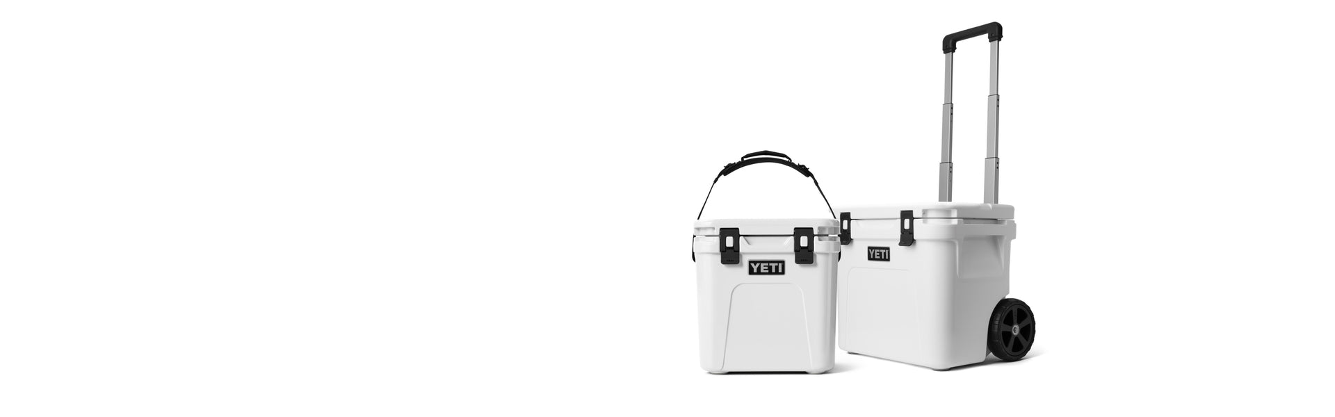 Two white coolers, one with a retractable handle and wheels on a white background.