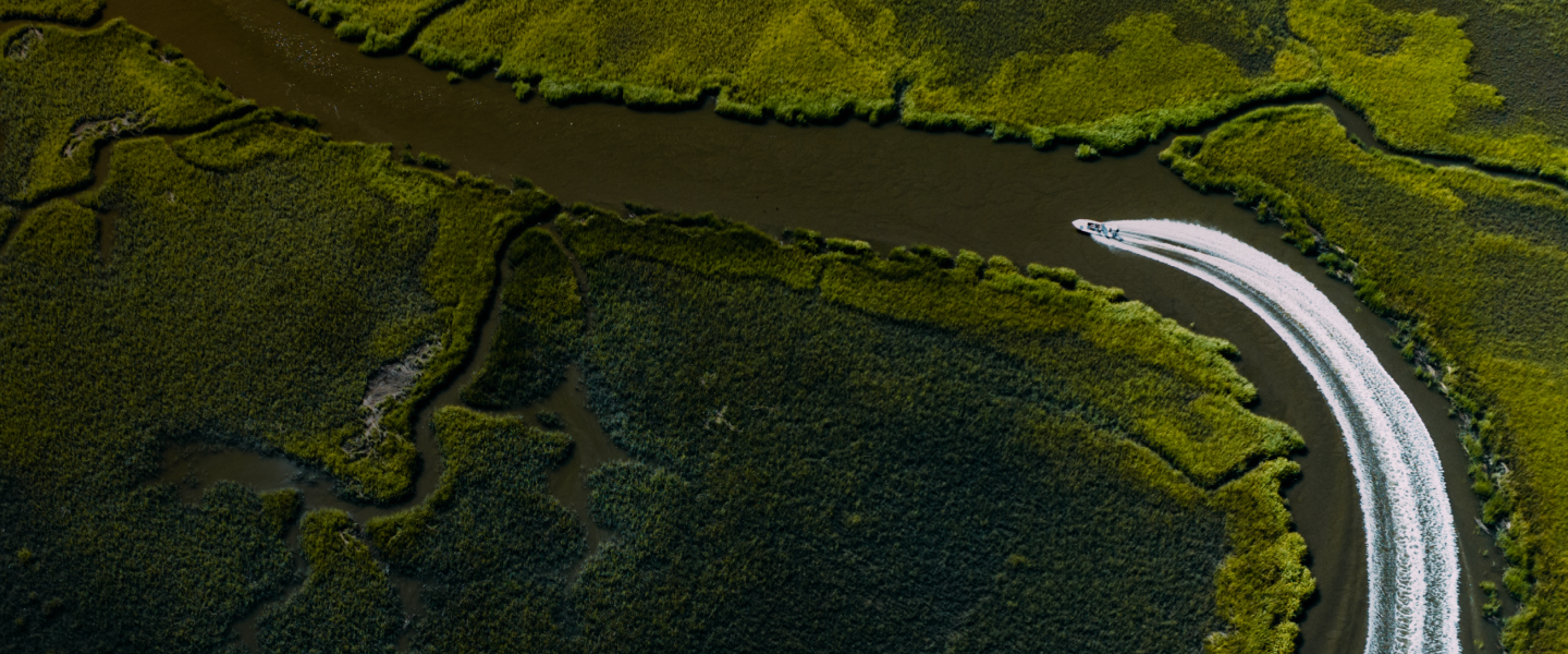 Aerial view of a river with a curved path through green landscape