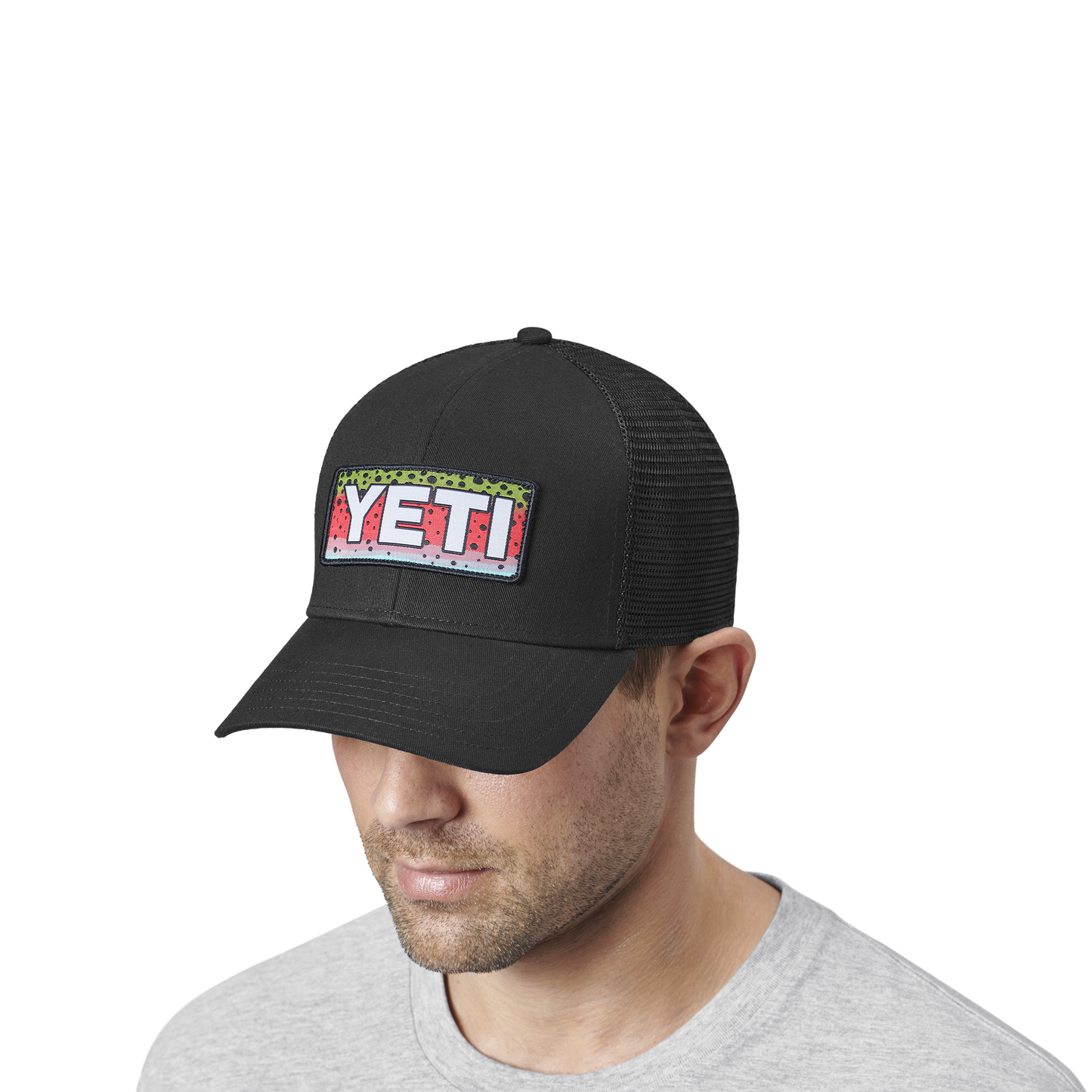 YETI Rainbow Trout Logo Badge Trucker Hat Black