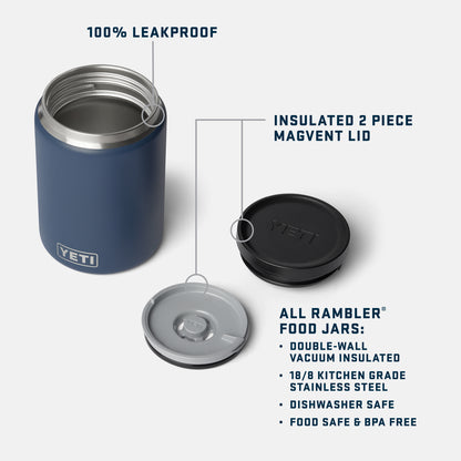 A YETI Rambler food jar in dark blue with a stainless steel rim, shown with its black and gray insulated lid components on a light gray background with text callouts.