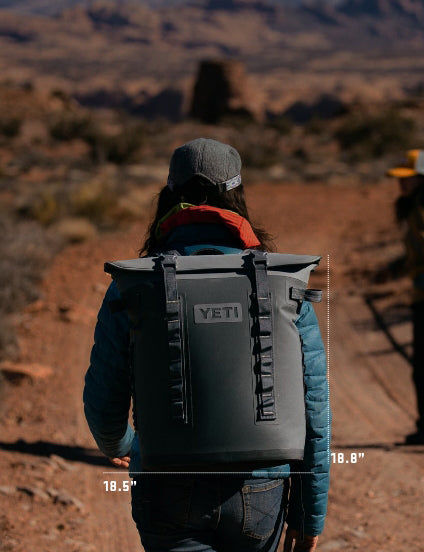 Person wearing a YETI backpack in a desert setting