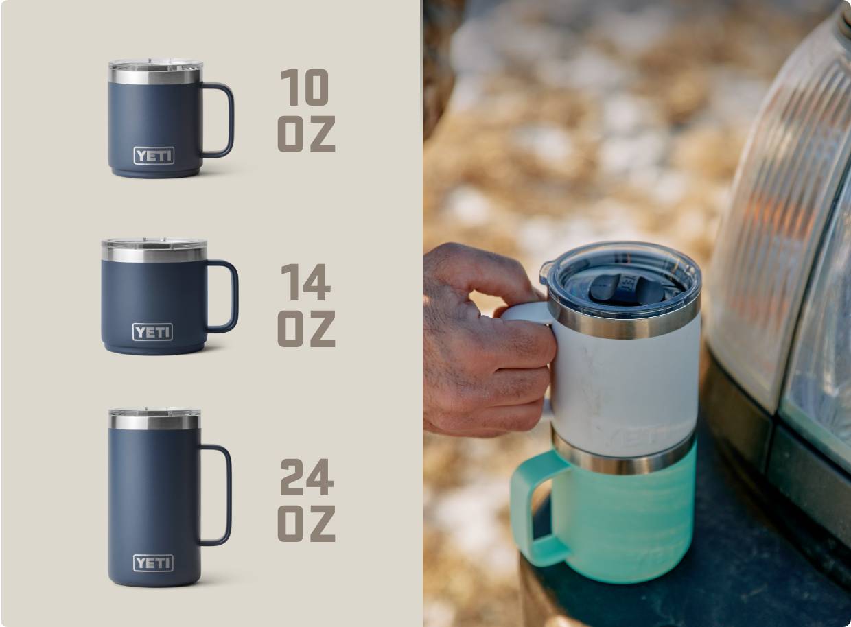 YETI mug sizes displayed with a hand holding a teal mug outdoors.