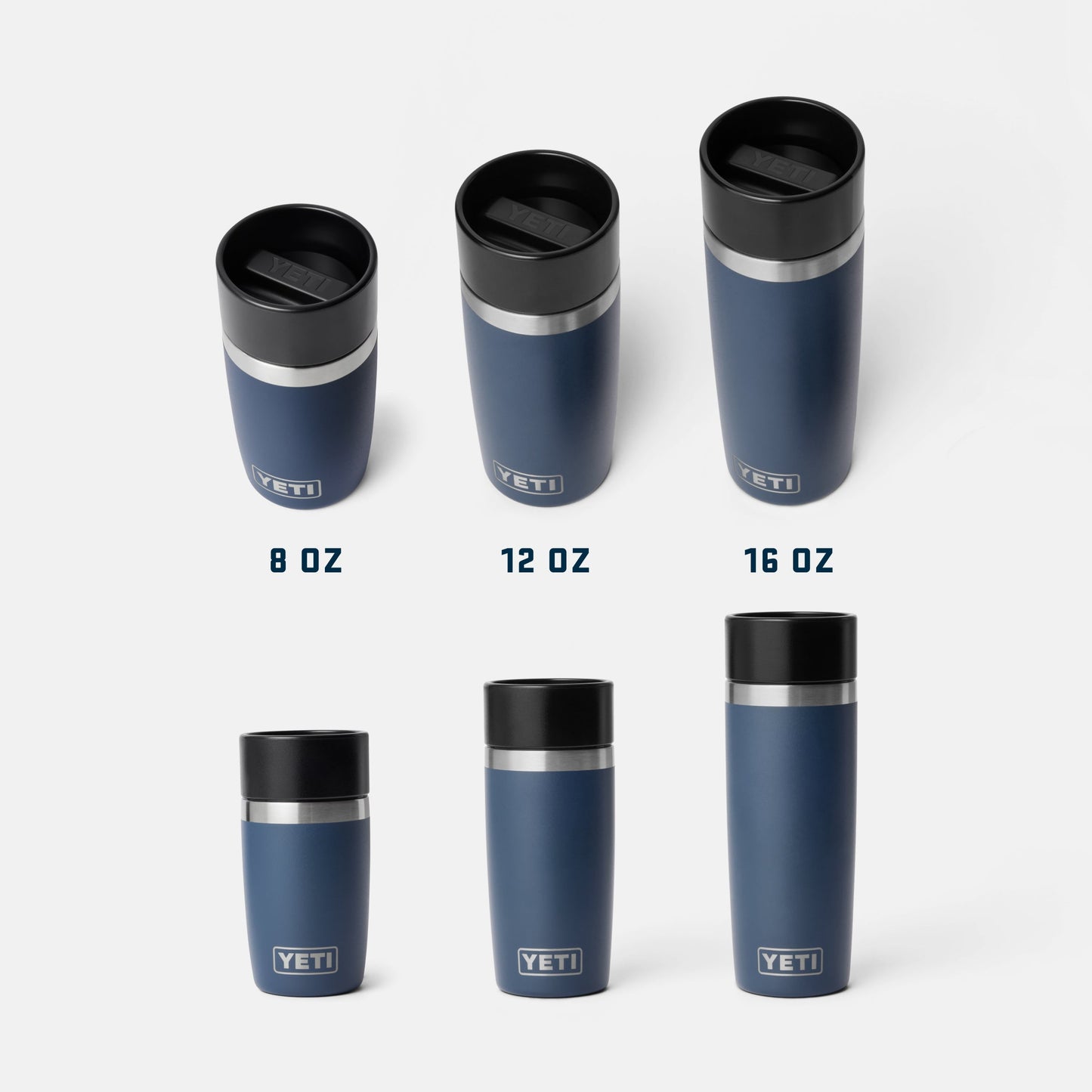 Set of YETI tumblers in various sizes on a white background