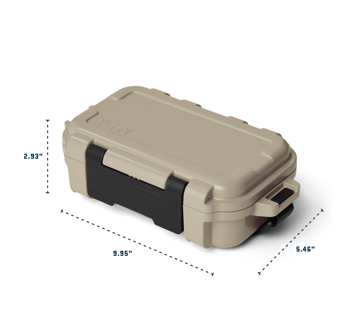 Beige and black hard-shell case with dimensions displayed on a white background