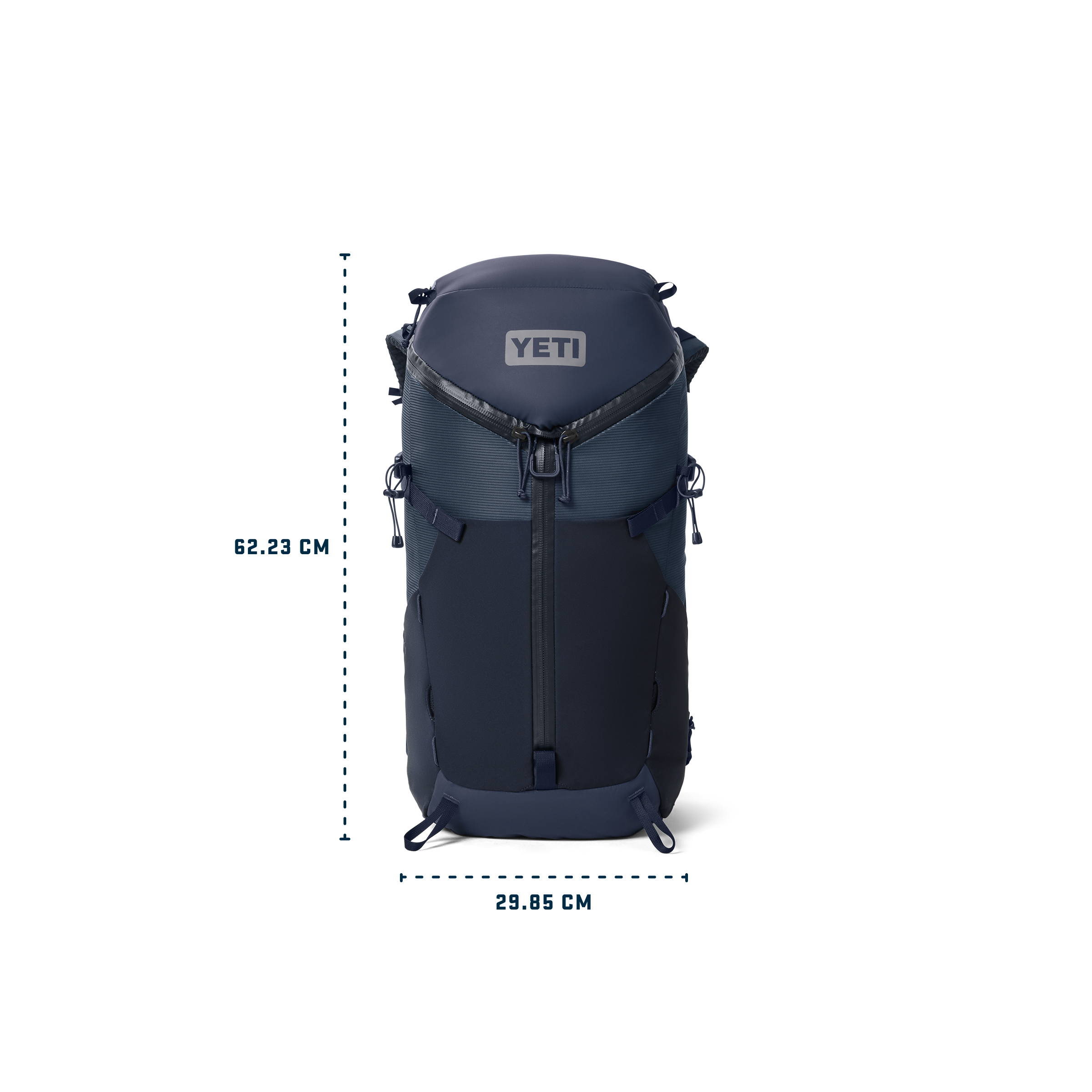Skala Navy blue YETI backpack with dimensions on a white background