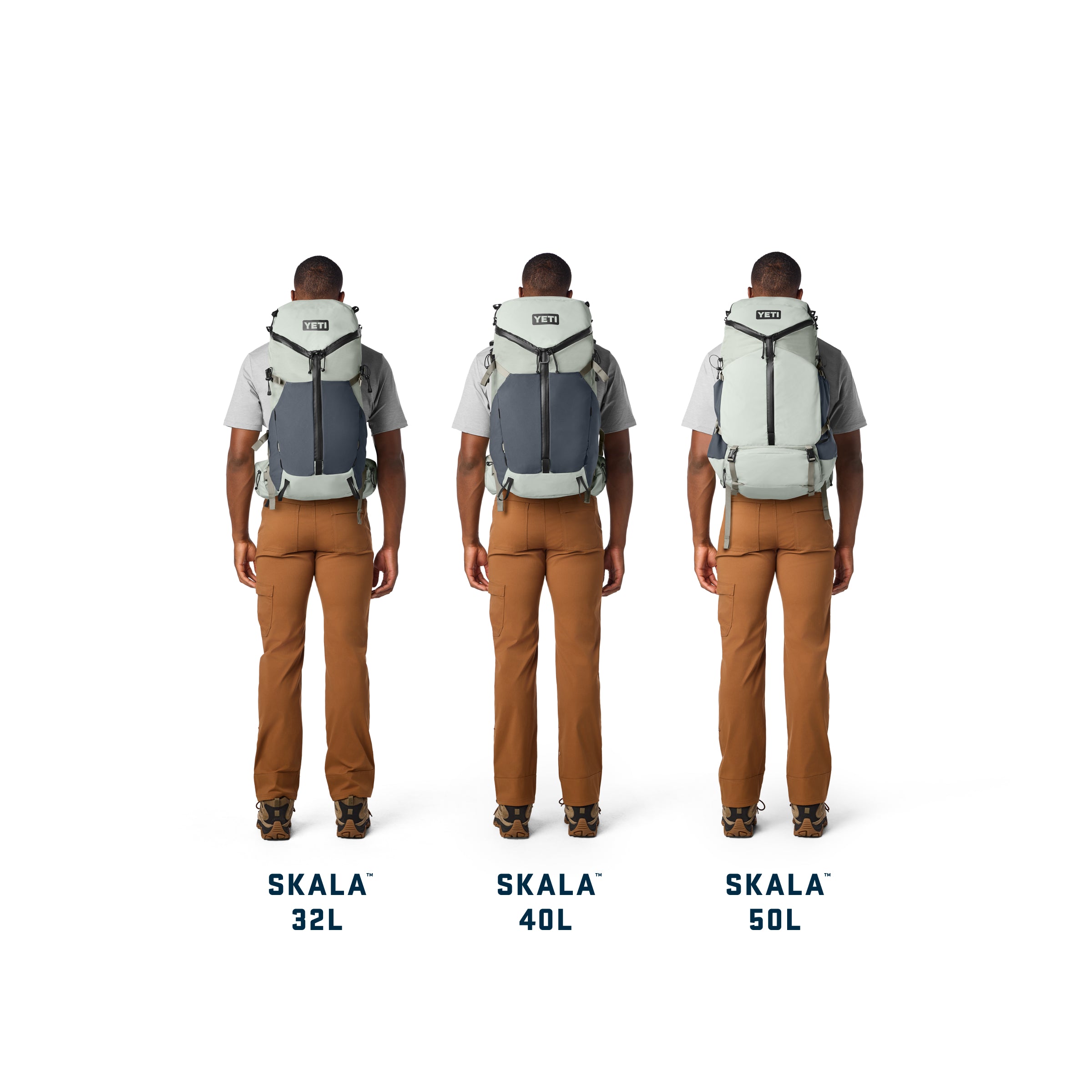 Three people wearing backpacks labeled 'SKALA 32L', 'SKALA 40L', and 'SKALA 50L' on a white background.