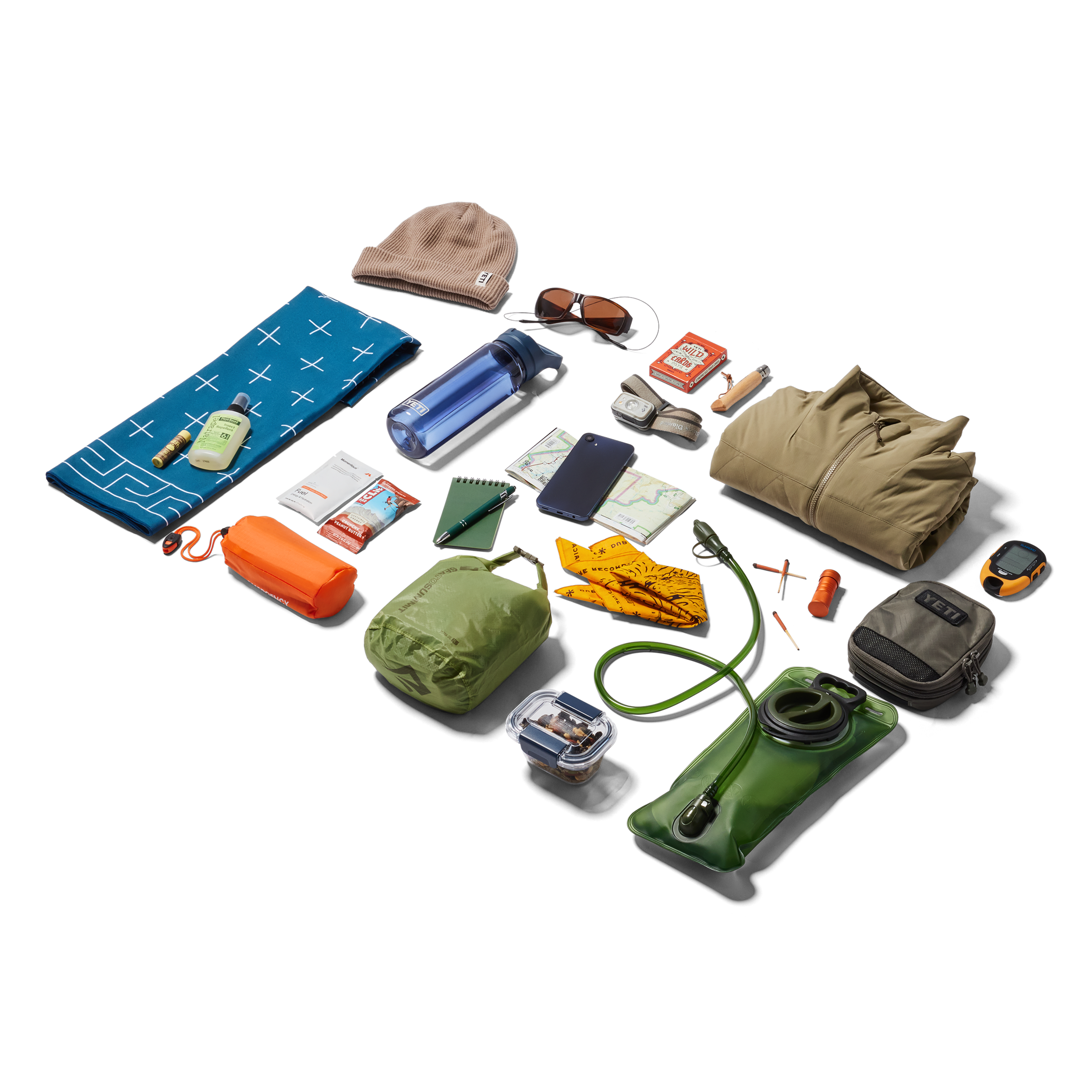 Collection of outdoor gear including a hat, water bottle, sunglasses, and various pouches on a white background. Capacity of YETI Skala Backpack