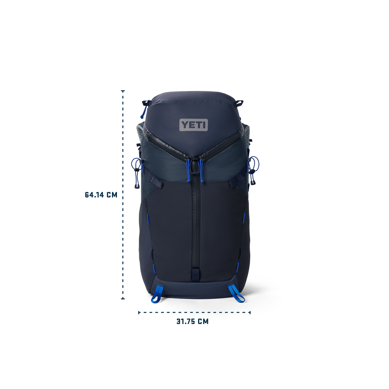 Navy backpack with blue accents and YETI logo, shown with measurements on a white background