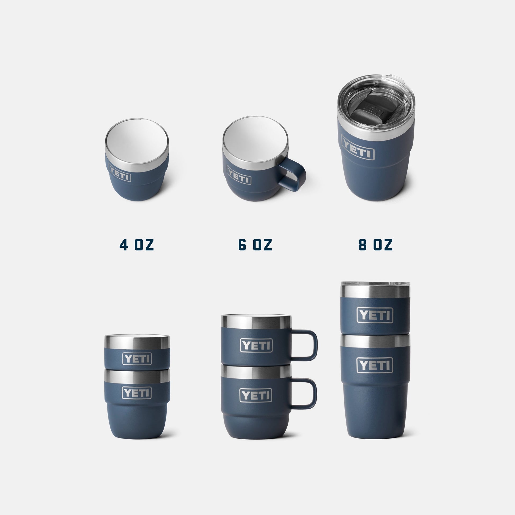 Set of YETI mugs in various sizes on a white background