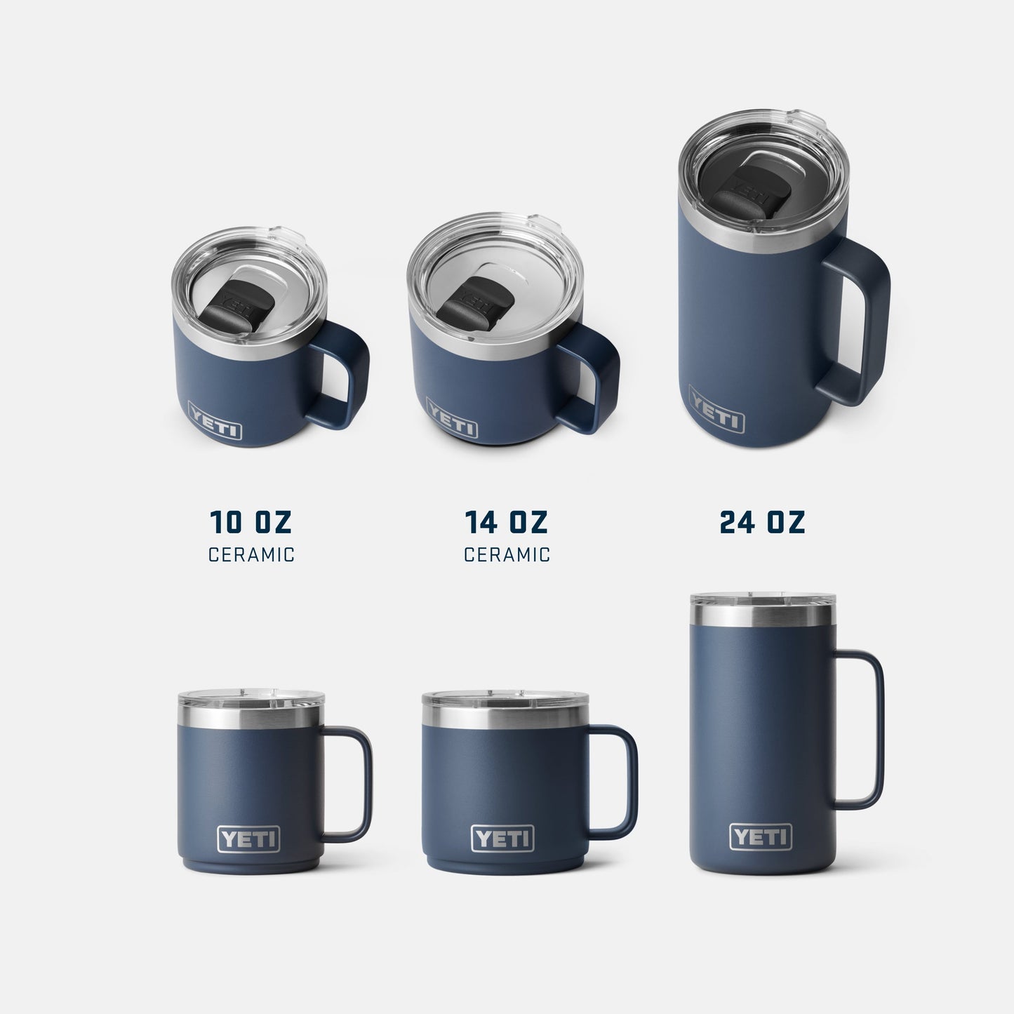 Set of YETI mugs in various sizes on a white background