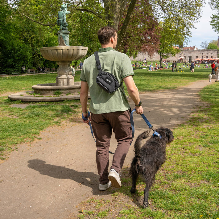 A man wearing a sage green t-shirt and brown trousers walks a black dog on a leash in a sunny park. He has a black crossbody sling bag with a white 'FTR' logo on his back.