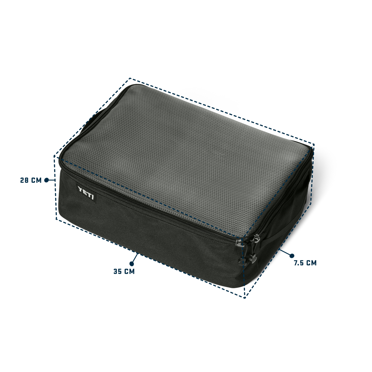A black YETI Gear Cube with dimension callouts showing 28 cm, 35 cm, 7.5 cm, and a top depth of 28 cm, on a white background.