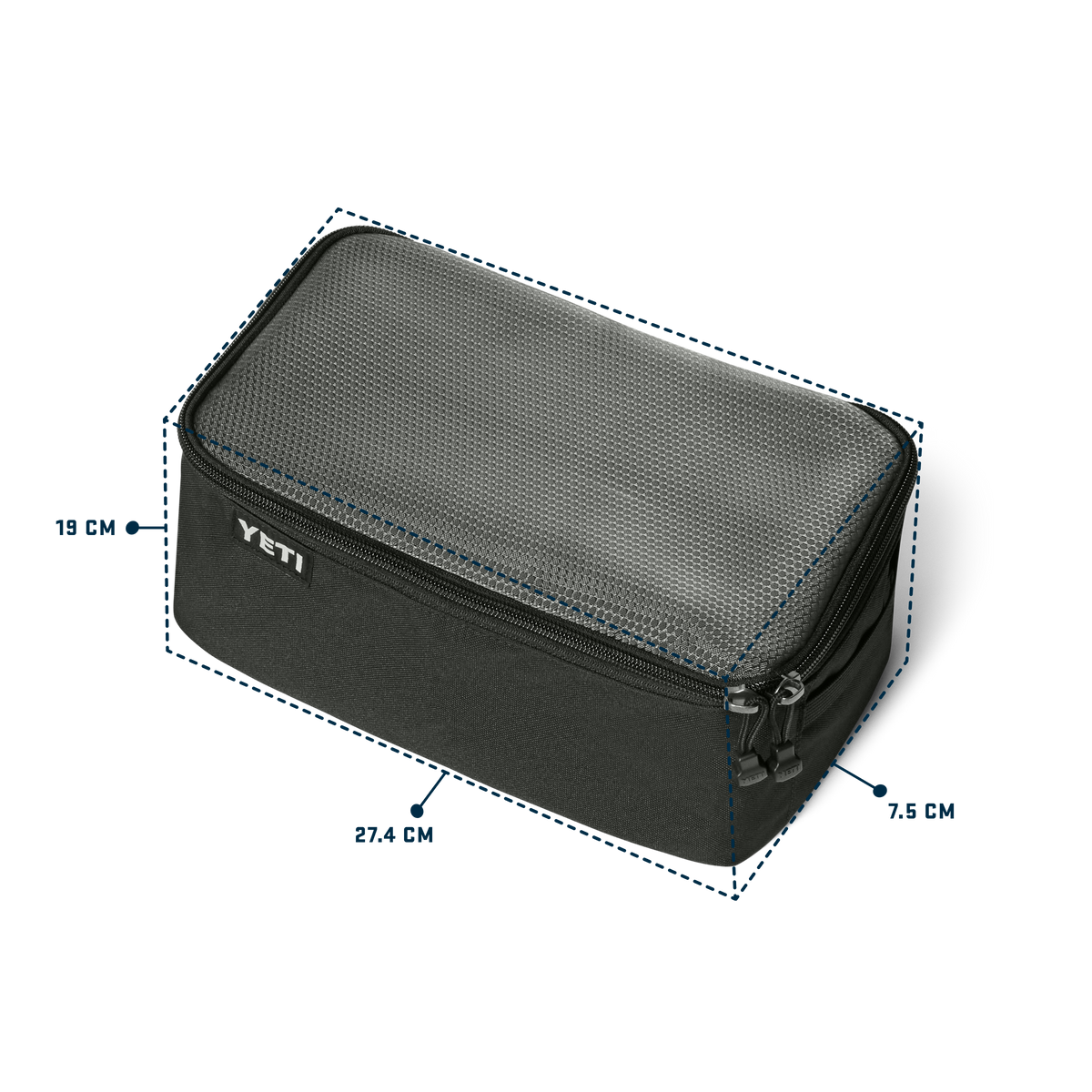A black YETI zippered storage bag with a gray mesh top, shown with dashed measurement lines and labels indicating dimensions of 19 cm, 27.4 cm, and 7.