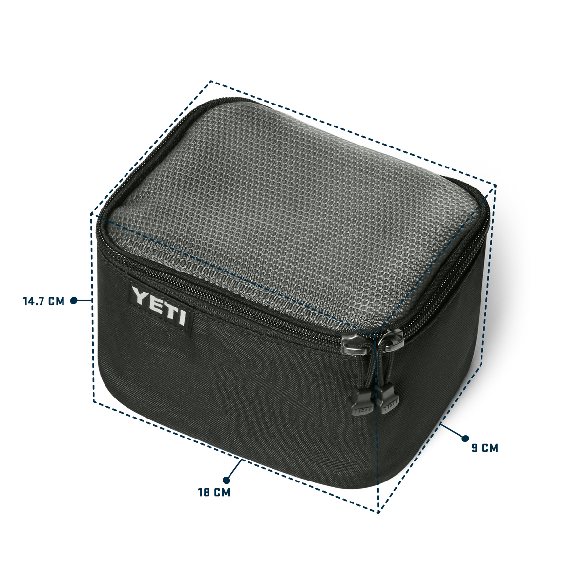 Black YETI zippered Gear Cube shown on a white background with measurement callouts indicating 14.7 cm height, 18 cm width, and 9 cm depth.