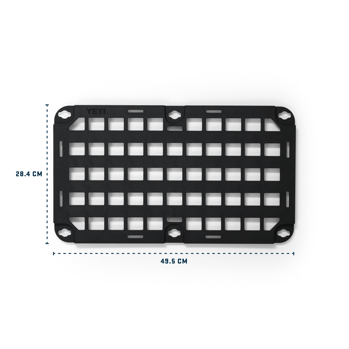 Black rectangular grid-style plate shown from above on a white background, with dimension labels indicating 28.4 cm height and 49.