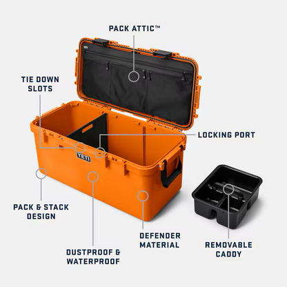 An orange YETI hard case shown open on a light gray background with callout labels pointing to features such as Pack Attic, tie down slots, locking port, dustproof and waterproof construction, pack and stack design, and a removable caddy. A small black removable caddy sits to the right.