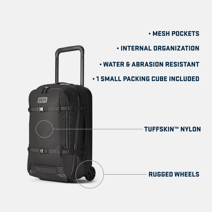 Black cabin suitcase bag with features listed on a white background