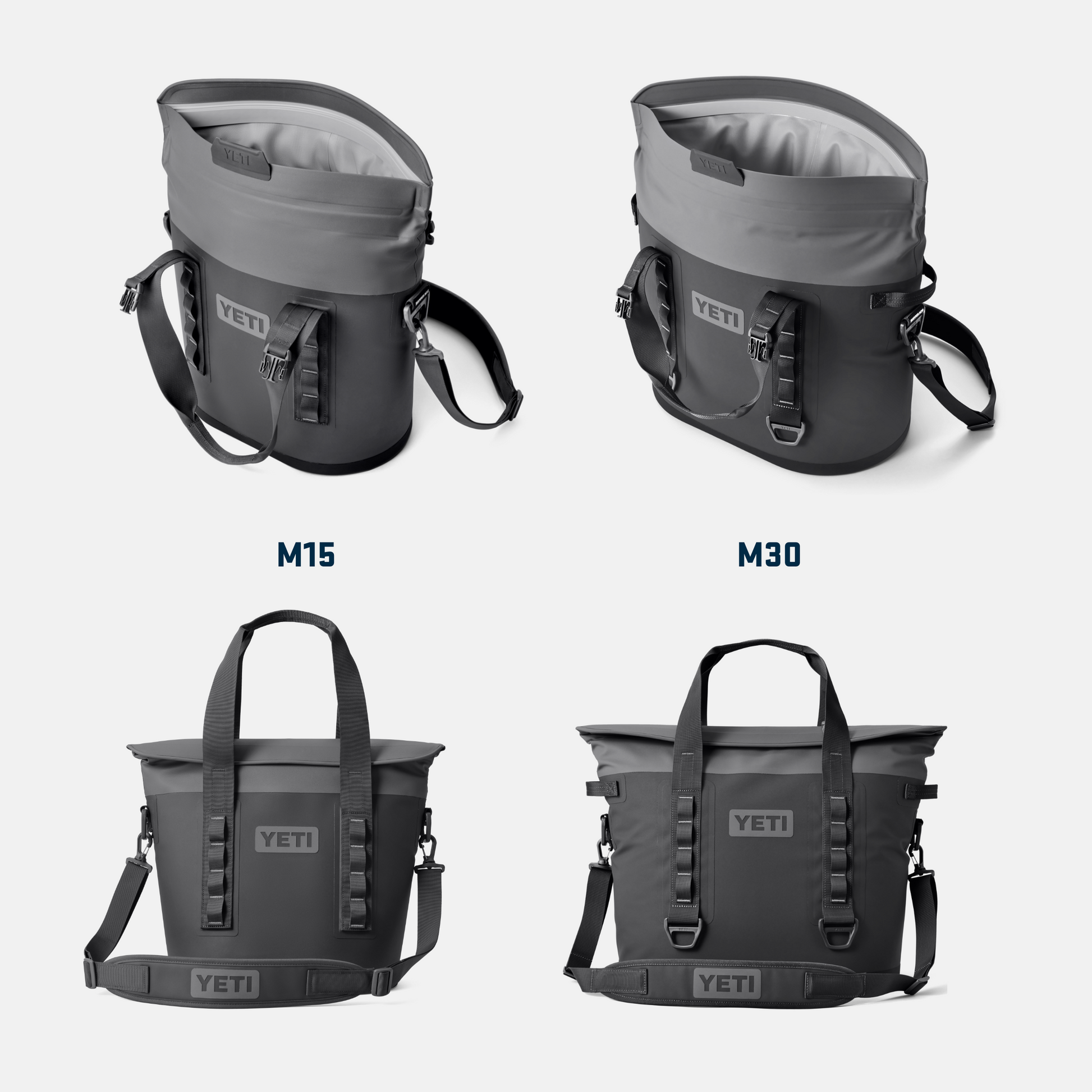 Four views of a YETI backpack on a white background