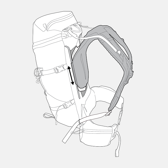 Technical drawing of a backpack with straps and padding on a white background