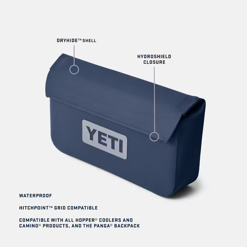 A navy blue YETI dry bag with text callouts pointing to the 'DRYHIDE™ SHELL' and 'HYDROSHIELD CLOSURE', plus feature text below on waterproof and hitchpoint grid compatibility.