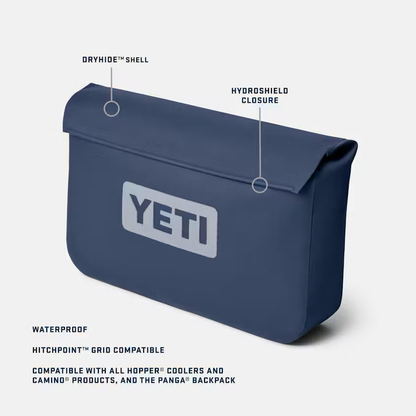 A navy blue YETI dry bag with a large white YETI logo on the front, shown on a light gray background with callout lines and text highlighting features like DryHide shell, hydroshield closure, waterproof, hitchpoint grid compatibility, and Panga backpack compatibility.