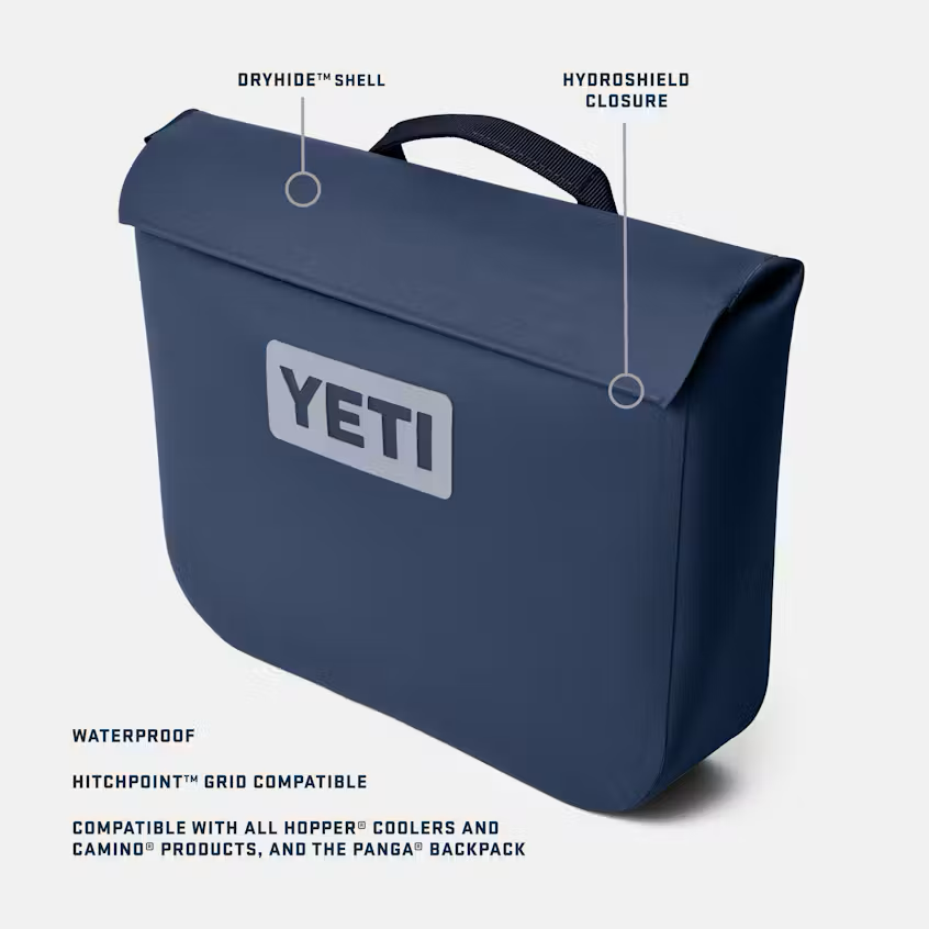 Blue YETI dry bag with features highlighted on a white background
