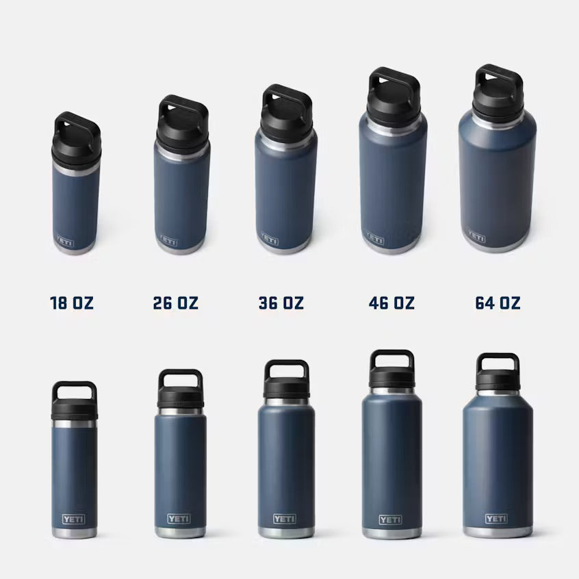 Set of YETI water bottles in various sizes on a white background