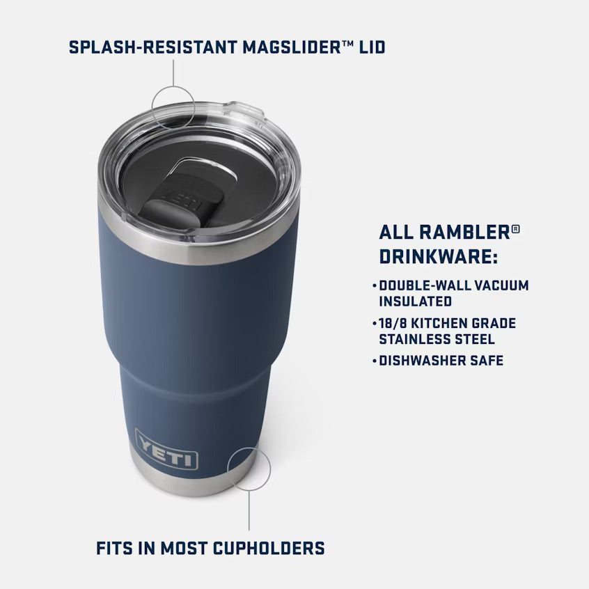 Blue YETI tumbler with splash-resistant magslider lid on a white background