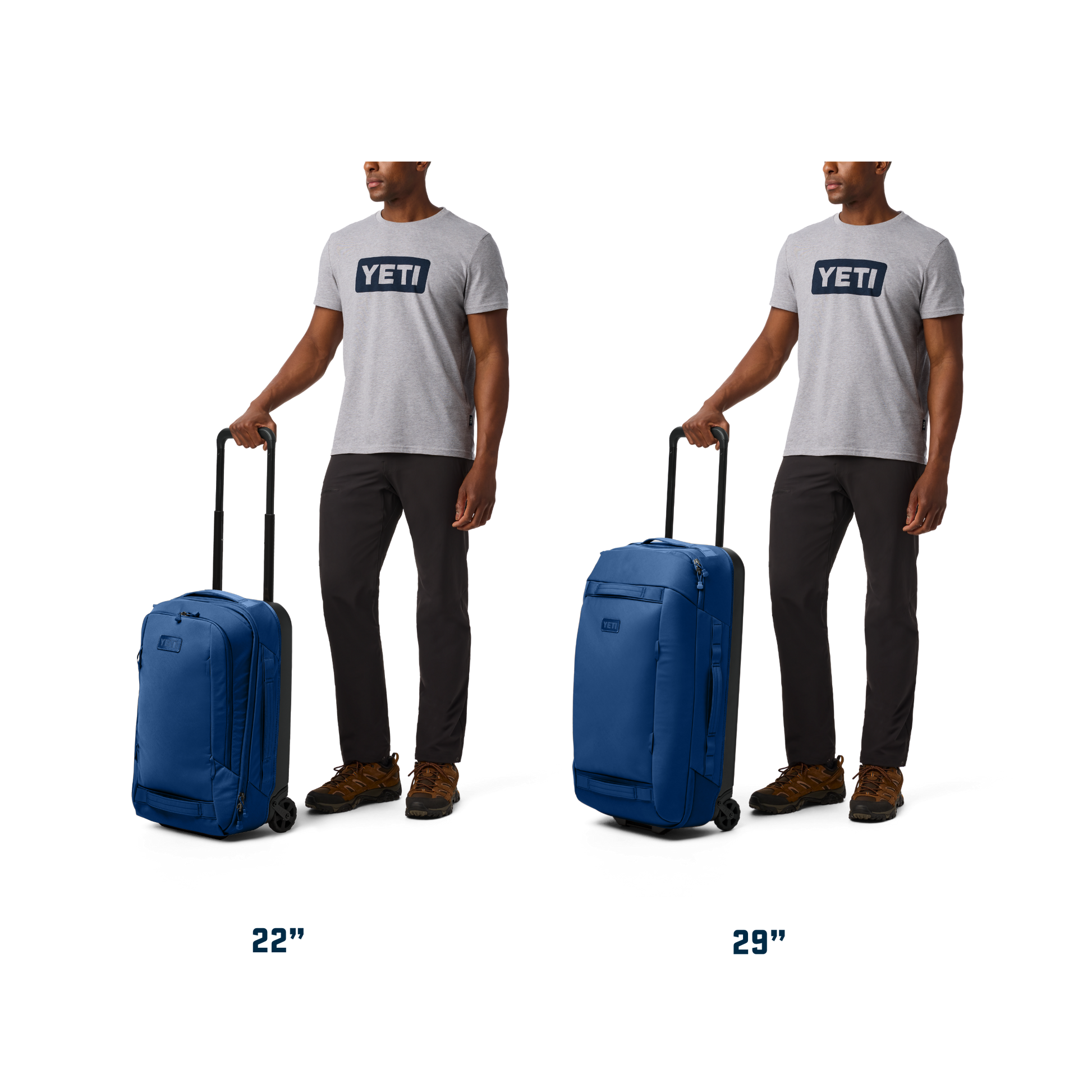 Man holding a blue suitcase with 'YETI' branding on a white background