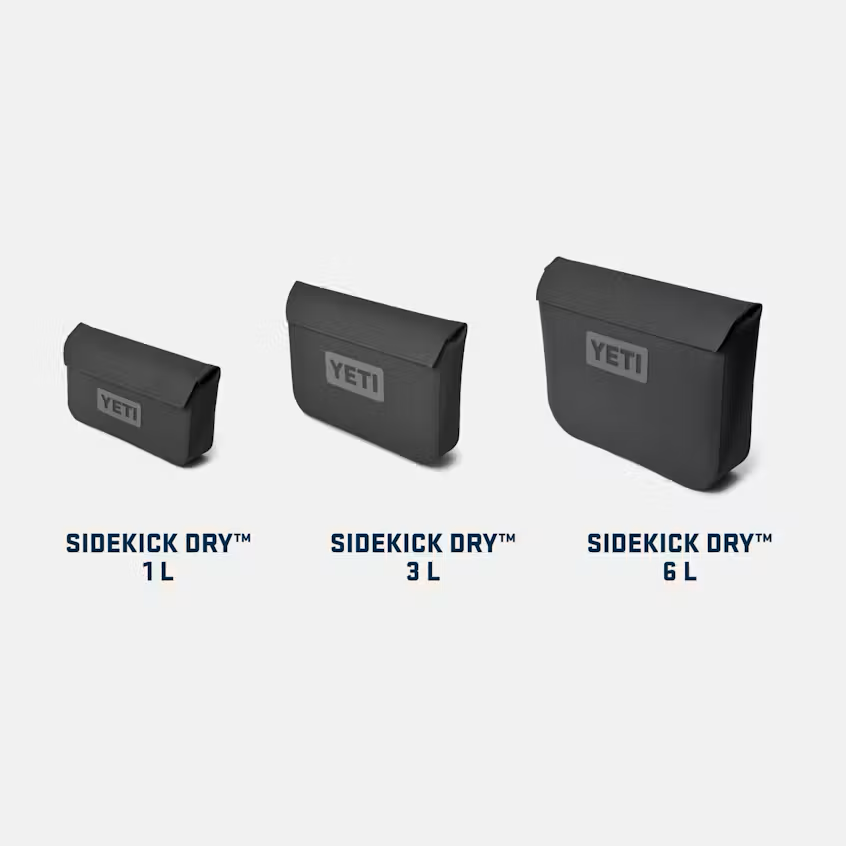 Three YETI Sidekick Dry bags in different sizes on a white background