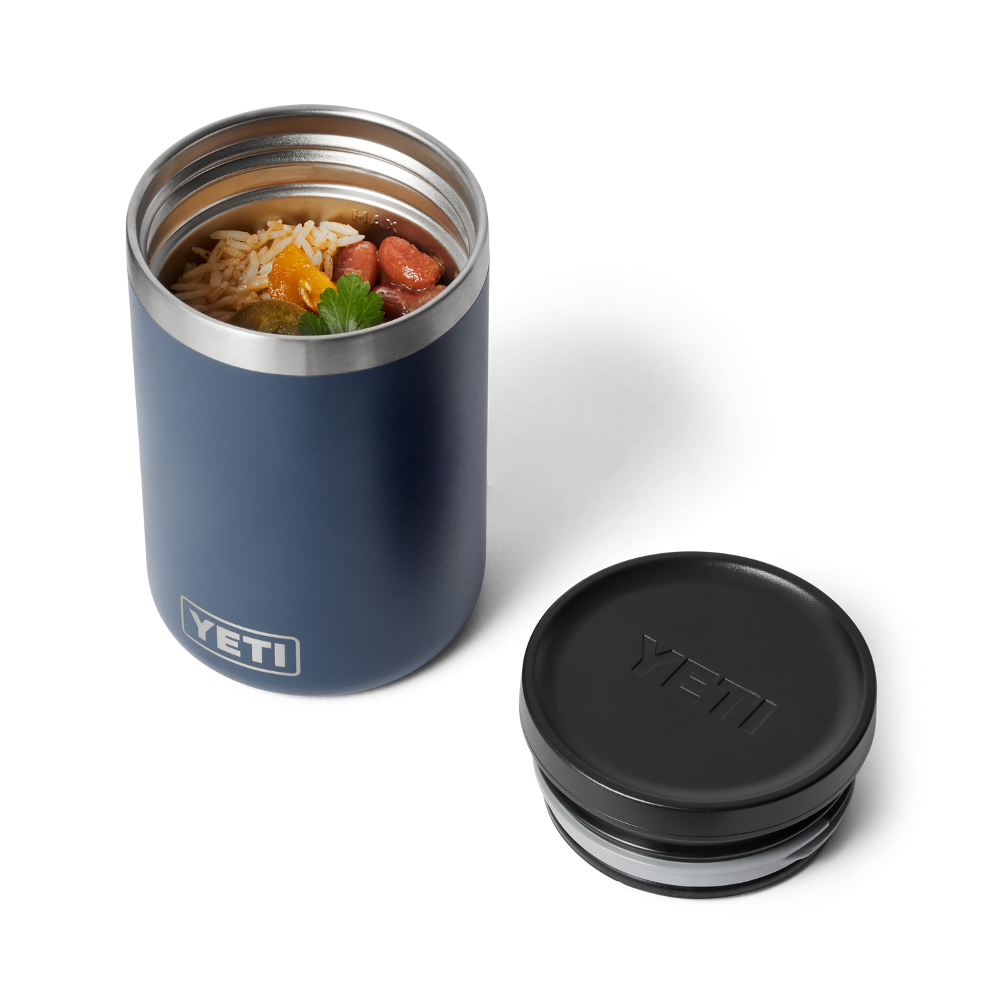 Blue YETI insulated food jar with black lid on a white background