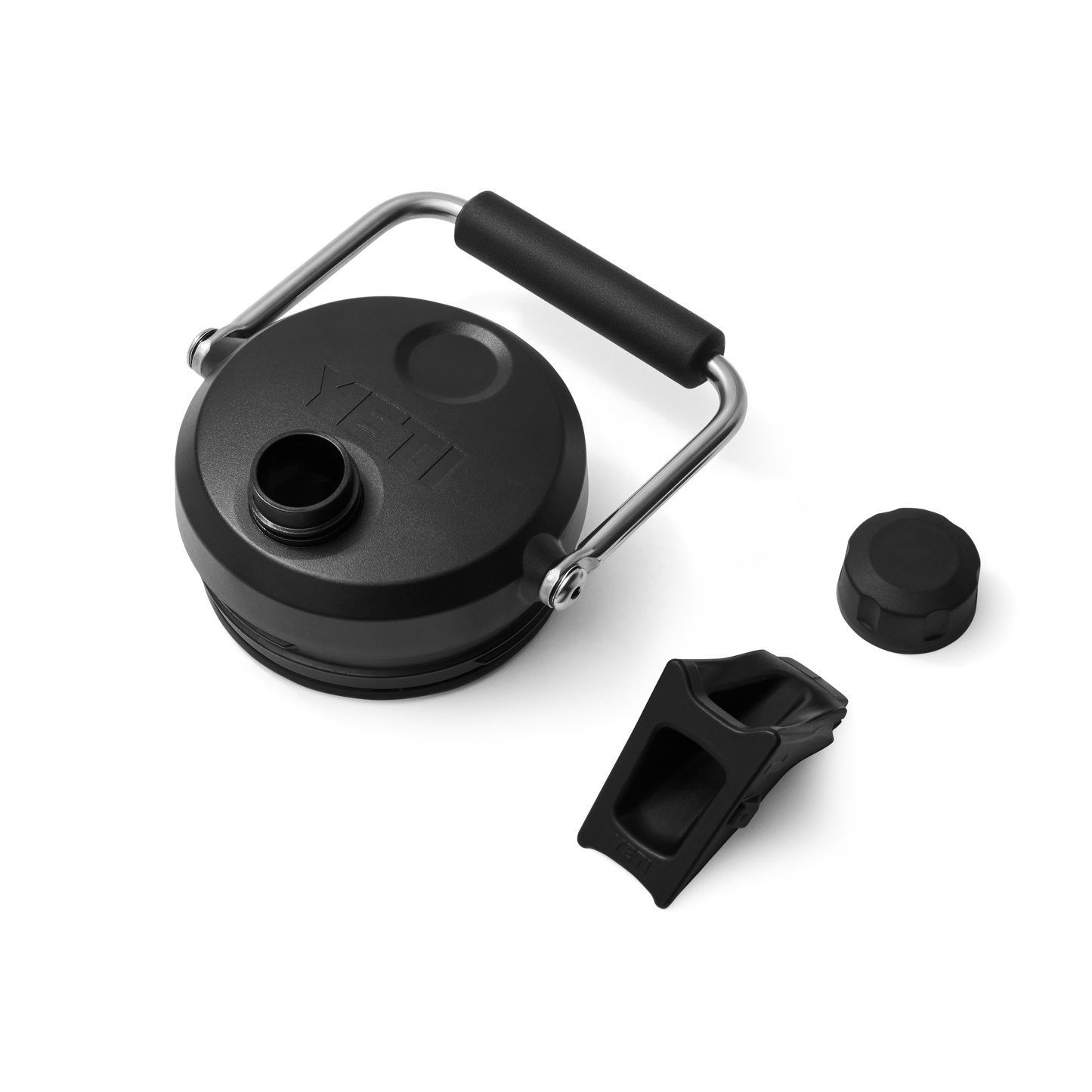 Black YETI lid with handle and additional components on a white background